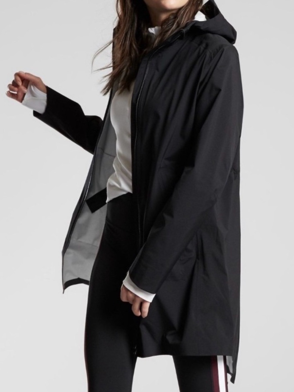 Athleta Palisades Waterproof Rain Jacket Coat Black Shell Hood High Low Hem M